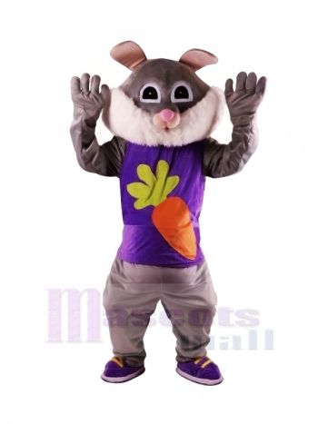 Grey Rabbit Mascot Costume in Purple Carrot Shirt