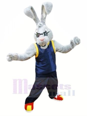 Grey Rabbit Mascot Costume with Sunglasses and Navy Tank Top