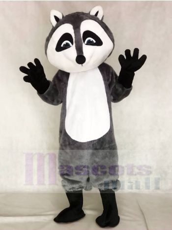 Grey Raccoon Mascot Costume with White Face and Big Grin