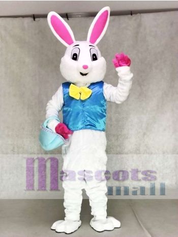 Grey and White Easter Bunny Mascot Costume in Blue Vest with Basket