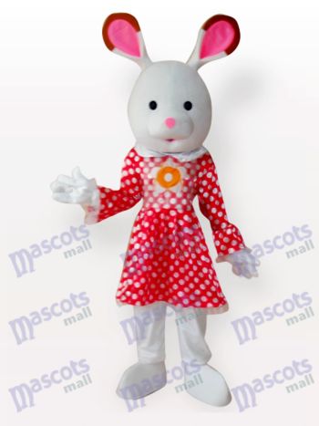 Grey and White Easter Bunny Mascot Costume in Red Polka Dot Dress