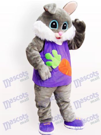 Grey and White Rabbit Mascot Costume with Purple Overalls and Carrot