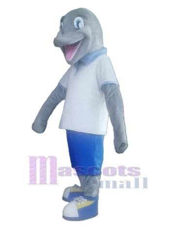 Light Blue Dolphin Mascot Costume in White Polo Shirt and Blue Pants