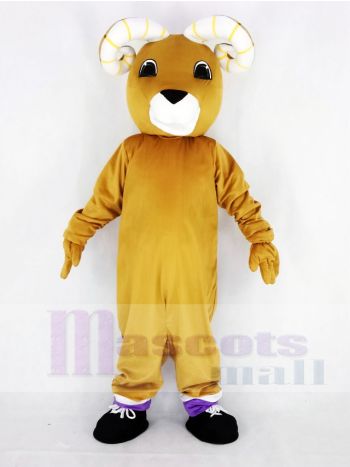 Light Brown Ram Mascot Costume with Purple Cuffs