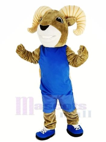 Light Brown Ram Mascot Costume in Royal Blue Jersey with Yellow Stripe