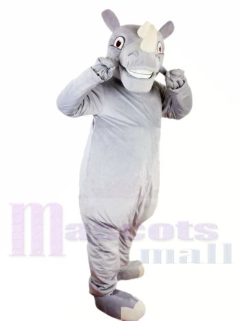 Light Gray Rhino Mascot Costume with Toothy Grin