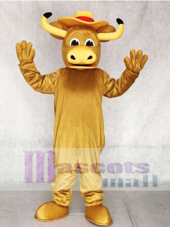 Longhorn Bull Mascot Costume in Golden Bodysuit with Straw Hat