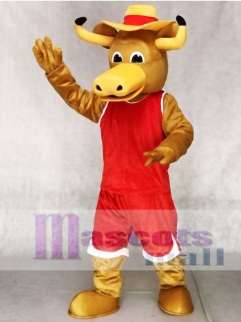 Longhorn Bull Mascot Costume in Red Tank Top and Straw Hat