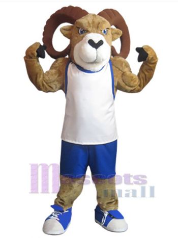 Muscular Ram Mascot Costume in White Tank Top and Blue Shorts