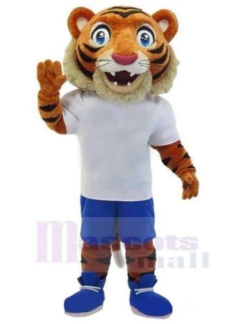 Orange Tiger Mascot Costume in White Shirt and Blue Shorts