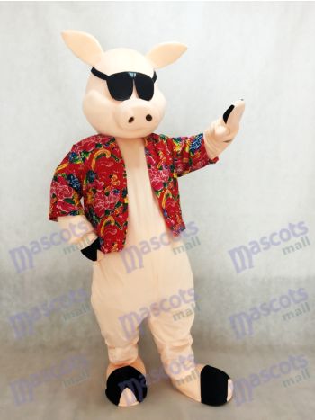Pig Mascot Costume with Floral Shirt and Sunglasses