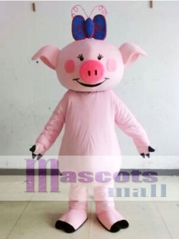 Pink Pig Mascot Costume with Blue Bow