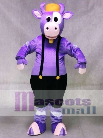 Cute Purple Cow Mascot Costume with Overalls and Bell