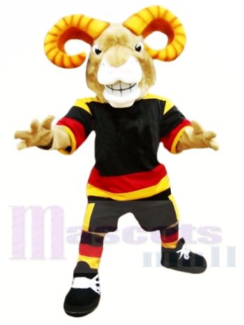 Ram Mascot Costume with Toothy Grin in Black Red and Yellow Jersey
