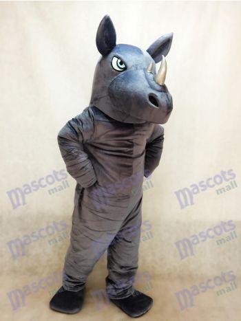 Realistic Gray Rhino Mascot Costume with Tan Horn