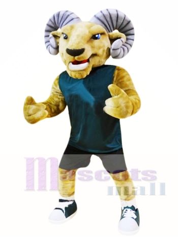 Realistic Ram Mascot Costume in Dark Teal Jersey and Black Shorts