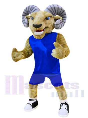 Realistic Ram Mascot Costume in Royal Blue Jersey and Blue Shorts
