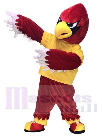 Red Cardinal Mascot Costume in Yellow Shirt and Maroon Pants