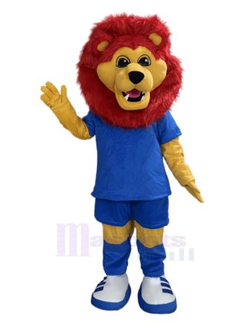 Red Mane Lion in Blue T-Shirt Mascot Costume