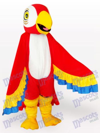 Red Parrot Mascot Costume with White Chest and Rainbow Wings