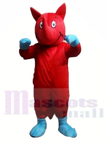 Red Rhino Mascot Costume with White Belly and Blue Gloves