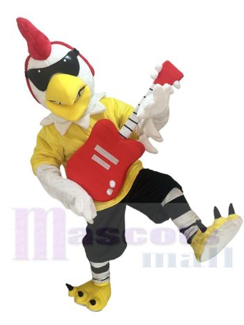 Rooster Mascot Costume in Yellow Shirt with Red Guitar