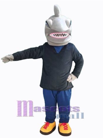 Shark Mascot Costume in Navy Sweater and Jeans