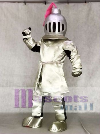 Silver Knight Mascot Costume with Pink Plume