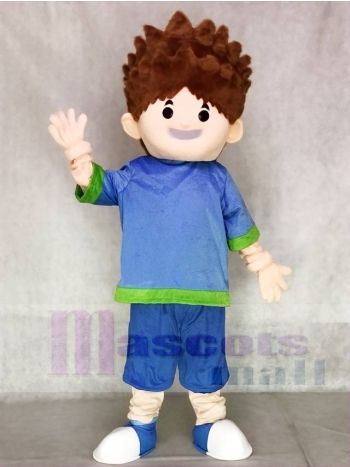 Smart Boy Mascot Costume in Blue Shirt