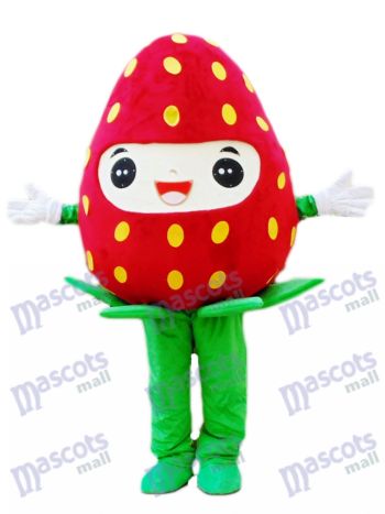 Smiling Strawberry Mascot Costume with Green Cap