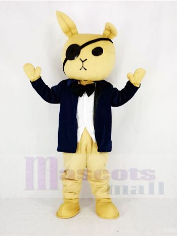 Tan Rabbit Mascot Costume in Navy Jacket with Eye Patch