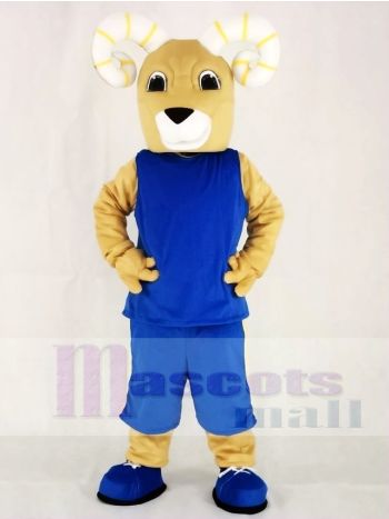 Tan Ram Mascot Costume in Blue Sleeveless Jersey and Shorts