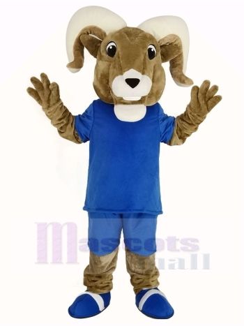 Tan Ram Mascot Costume in Blue T-Shirt and Blue Pants