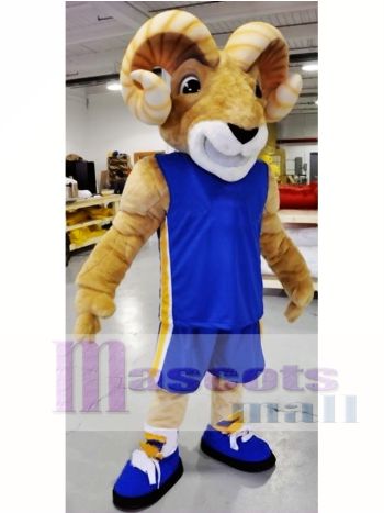 Tan Ram Mascot Costume in Royal Blue Jersey with Stripes