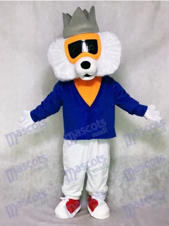 White Cat Mascot Costume in Blue Jacket with Crown