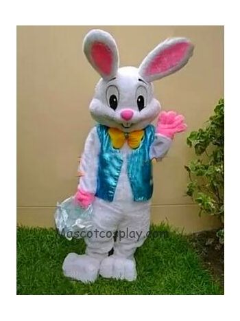 White Easter Bunny Mascot Costume in Blue Vest and Yellow Bow Tie