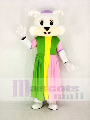 White Easter Bunny Mascot Costume in Colorful Dress with Purple Cap