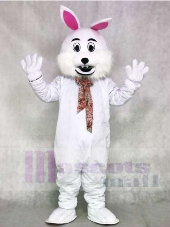 White Easter Bunny Mascot Costume with Floral Necktie