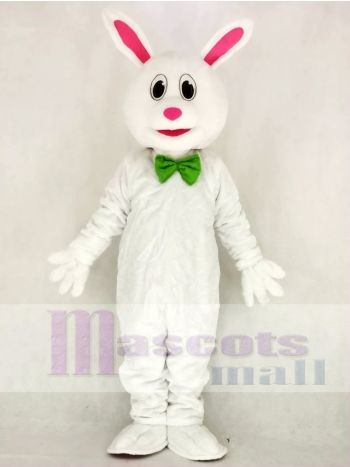 White Easter Bunny Mascot Costume with Green Bow Tie