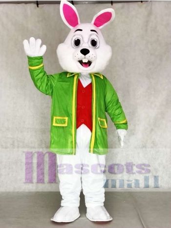 White Easter Bunny Mascot Costume in Green Coat and Red Vest