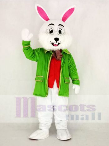 White Easter Bunny Mascot Costume with Green Coat Red Vest and Cravat
