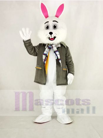 White Easter Bunny Mascot Costume with Grey Coat and Plaid Scarf