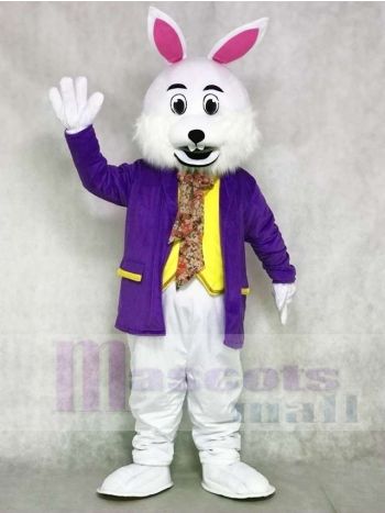 White Easter Bunny Mascot Costume in Purple Coat and Yellow Vest