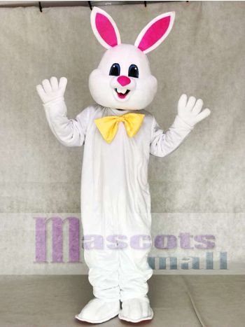 White Easter Bunny Mascot Costume with Yellow Bow Tie