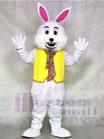 White Easter Bunny Mascot Costume with Yellow Vest and Floral Cravat