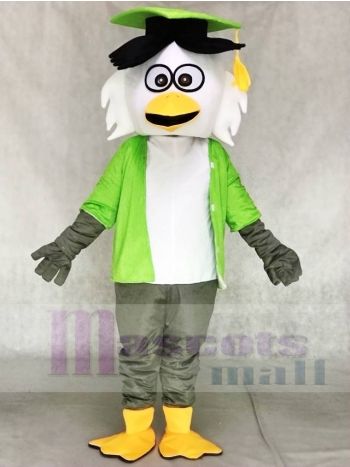 White Owl Mascot Costume with Green Shirt and Cap
