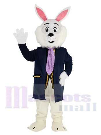 White Rabbit Mascot Costume in Navy Coat with Purple Cravat