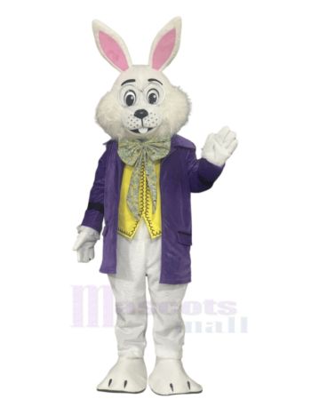 White Rabbit Mascot Costume in Purple Coat with Golden Cravat