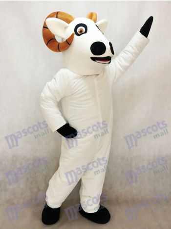 White Ram Mascot Costume with Brown Striped Horns