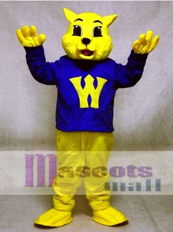Yellow Wildcat Mascot Costume in Blue Shirt